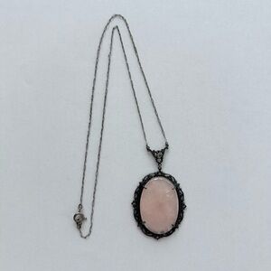 Vintage/Antique Rose Quartz Marcasite Sterling Silver Necklace Pendant
